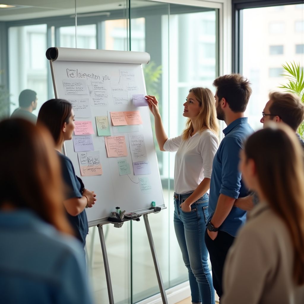 Personas colaborando en una pizarra